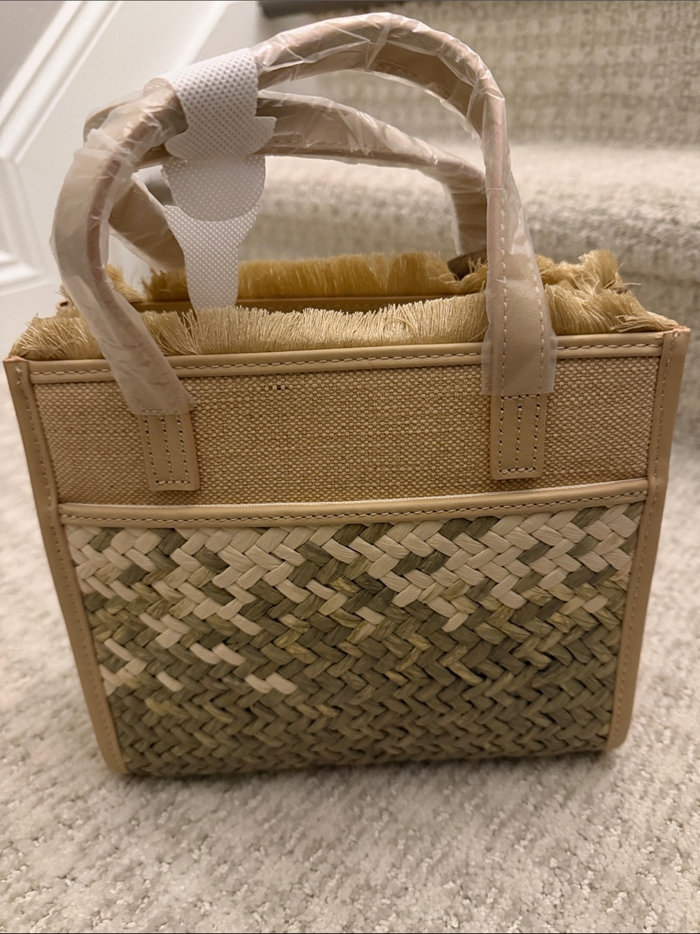 Spartina 449 Natural & Olive Green Straw Tote with Tan Trim and Fringe - Picture 3 of 5